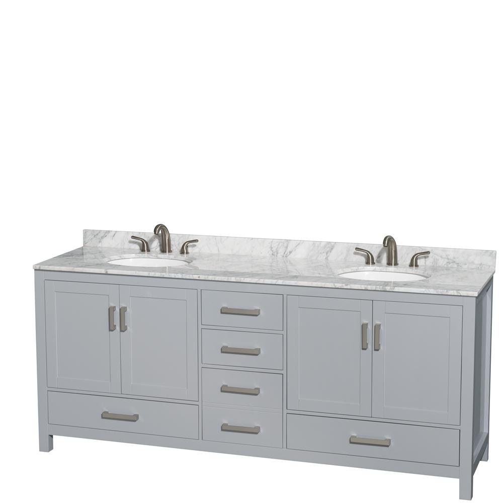 Wyndham Collection Vanity Wyndham Collection WCS141480DGYCMUNOMXX Sheffield 80 Inch Double Bathroom Vanity in Gray, White Carrara Marble Countertop, Undermount Oval Sinks, and No Mirror