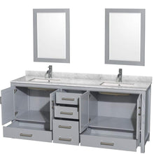 Load image into Gallery viewer, Wyndham Collection Vanity Wyndham Collection WCS141480DGYCMUNSM24 Sheffield 80 Inch Double Bathroom Vanity in Gray, White Carrara Marble Countertop, Undermount Square Sinks, and 24 Inch Mirrors