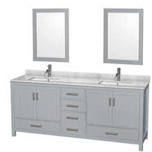 Load image into Gallery viewer, Wyndham Collection Vanity Wyndham Collection WCS141480DGYCMUNSM24 Sheffield 80 Inch Double Bathroom Vanity in Gray, White Carrara Marble Countertop, Undermount Square Sinks, and 24 Inch Mirrors