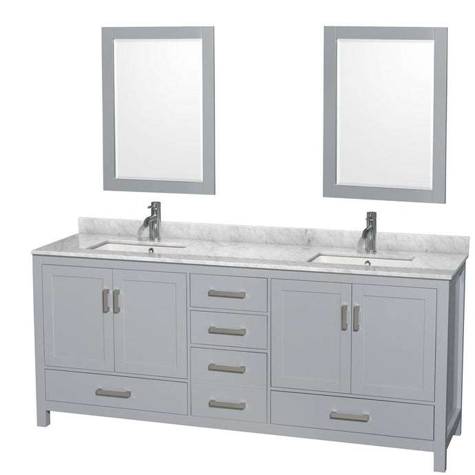 Wyndham Collection Vanity Wyndham Collection WCS141480DGYCMUNSM24 Sheffield 80 Inch Double Bathroom Vanity in Gray, White Carrara Marble Countertop, Undermount Square Sinks, and 24 Inch Mirrors
