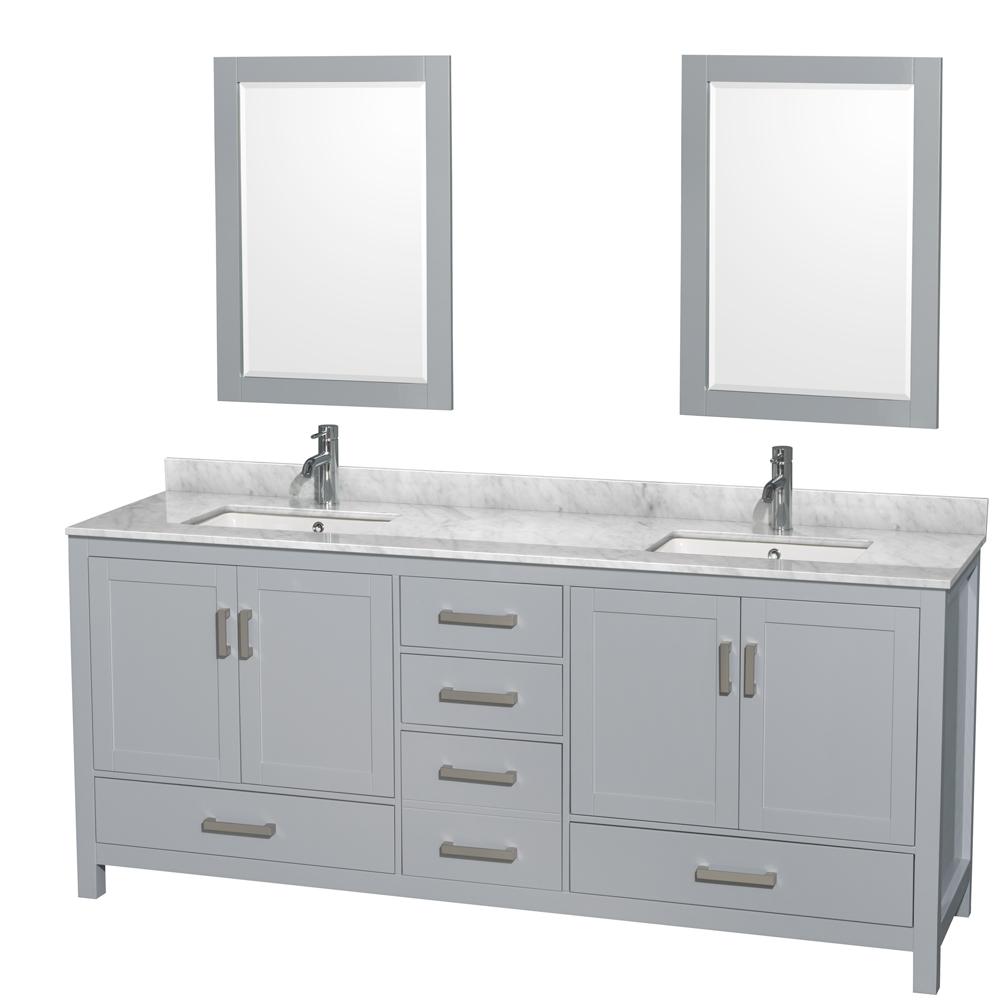 Wyndham Collection Vanity Wyndham Collection WCS141480DGYCMUNSM24 Sheffield 80 Inch Double Bathroom Vanity in Gray, White Carrara Marble Countertop, Undermount Square Sinks, and 24 Inch Mirrors