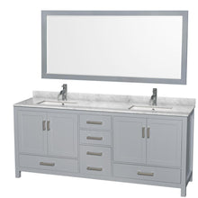 Load image into Gallery viewer, Wyndham Collection Vanity Wyndham Collection WCS141480DGYCMUNSM70 Sheffield 80 Inch Double Bathroom Vanity in Gray, White Carrara Marble Countertop, Undermount Square Sinks, and 70 Inch Mirror