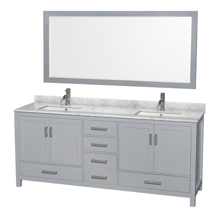 Wyndham Collection Vanity Wyndham Collection WCS141480DGYCMUNSM70 Sheffield 80 Inch Double Bathroom Vanity in Gray, White Carrara Marble Countertop, Undermount Square Sinks, and 70 Inch Mirror