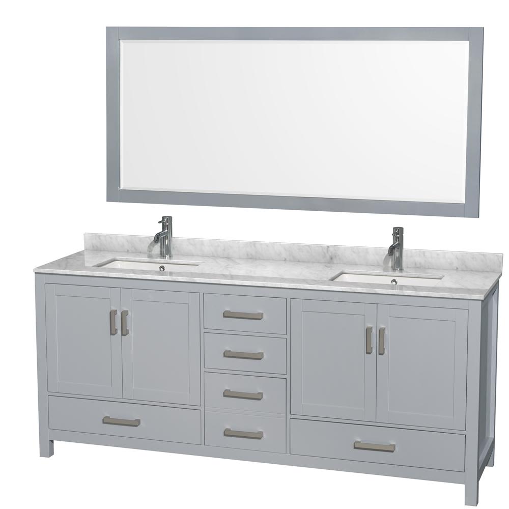 Wyndham Collection Vanity Wyndham Collection WCS141480DGYCMUNSM70 Sheffield 80 Inch Double Bathroom Vanity in Gray, White Carrara Marble Countertop, Undermount Square Sinks, and 70 Inch Mirror