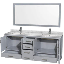 Load image into Gallery viewer, Wyndham Collection Vanity Wyndham Collection WCS141480DGYCMUNSM70 Sheffield 80 Inch Double Bathroom Vanity in Gray, White Carrara Marble Countertop, Undermount Square Sinks, and 70 Inch Mirror
