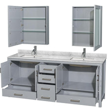 Load image into Gallery viewer, Wyndham Collection Vanity Wyndham Collection WCS141480DGYCMUNSMED Sheffield 80 Inch Double Bathroom Vanity in Gray, White Carrara Marble Countertop, Undermount Square Sinks, and Medicine Cabinets