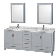 Load image into Gallery viewer, Wyndham Collection Vanity Wyndham Collection WCS141480DGYCMUNSMED Sheffield 80 Inch Double Bathroom Vanity in Gray, White Carrara Marble Countertop, Undermount Square Sinks, and Medicine Cabinets