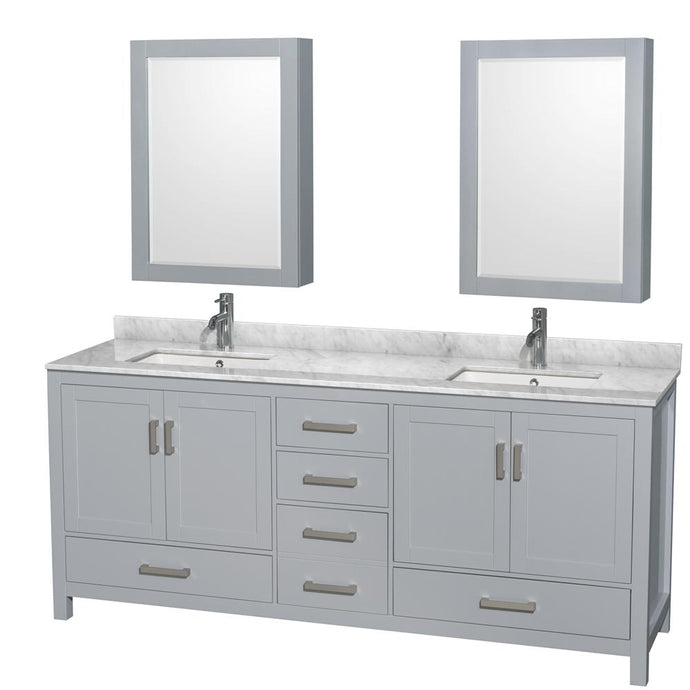 Wyndham Collection Vanity Wyndham Collection WCS141480DGYCMUNSMED Sheffield 80 Inch Double Bathroom Vanity in Gray, White Carrara Marble Countertop, Undermount Square Sinks, and Medicine Cabinets