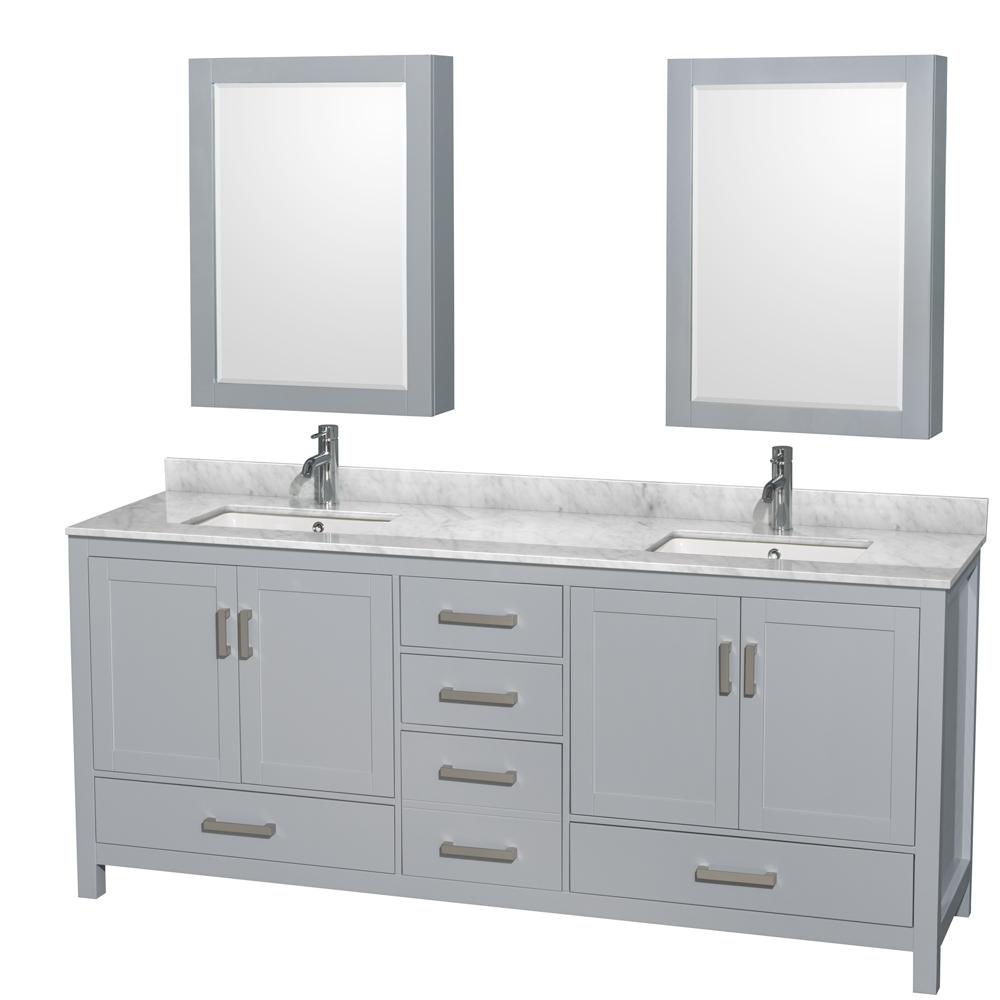 Wyndham Collection Vanity Wyndham Collection WCS141480DGYCMUNSMED Sheffield 80 Inch Double Bathroom Vanity in Gray, White Carrara Marble Countertop, Undermount Square Sinks, and Medicine Cabinets
