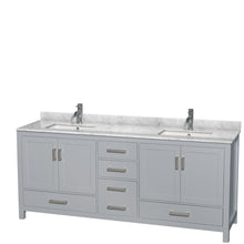 Load image into Gallery viewer, Wyndham Collection Vanity Wyndham Collection WCS141480DGYCMUNSMXX Sheffield 80 Inch Double Bathroom Vanity in Gray, White Carrara Marble Countertop, Undermount Square Sinks, and No Mirror