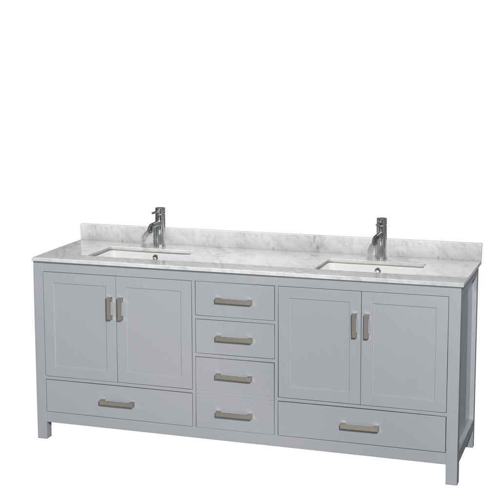 Wyndham Collection Vanity Wyndham Collection WCS141480DGYCMUNSMXX Sheffield 80 Inch Double Bathroom Vanity in Gray, White Carrara Marble Countertop, Undermount Square Sinks, and No Mirror