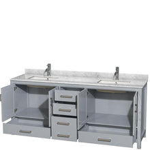 Load image into Gallery viewer, Wyndham Collection Vanity Wyndham Collection WCS141480DGYCMUNSMXX Sheffield 80 Inch Double Bathroom Vanity in Gray, White Carrara Marble Countertop, Undermount Square Sinks, and No Mirror