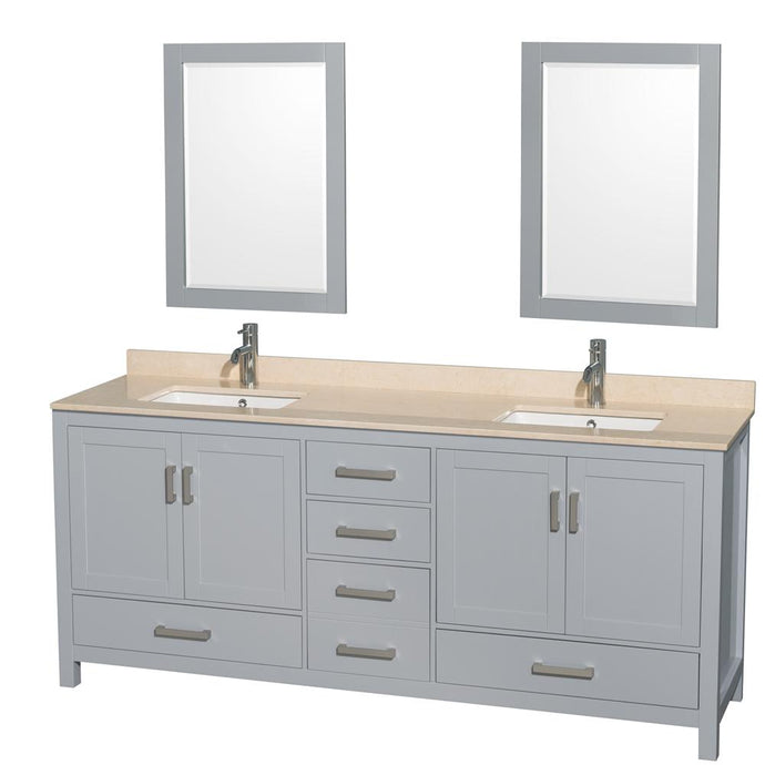 Wyndham Collection Vanity Wyndham Collection WCS141480DGYIVUNSM24 Sheffield 80 Inch Double Bathroom Vanity in Gray, Ivory Marble Countertop, Undermount Square Sinks, and 24 Inch Mirrors