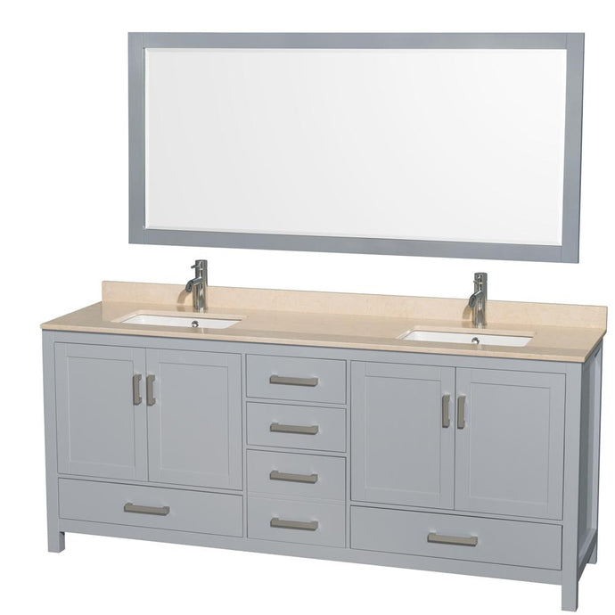 Wyndham Collection Vanity Wyndham Collection WCS141480DGYIVUNSM70 Sheffield 80 Inch Double Bathroom Vanity in Gray, Ivory Marble Countertop, Undermount Square Sinks, and 70 Inch Mirror