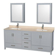 Load image into Gallery viewer, Wyndham Collection Vanity Wyndham Collection WCS141480DGYIVUNSMED Sheffield 80 Inch Double Bathroom Vanity in Gray, Ivory Marble Countertop, Undermount Square Sinks, and Medicine Cabinets