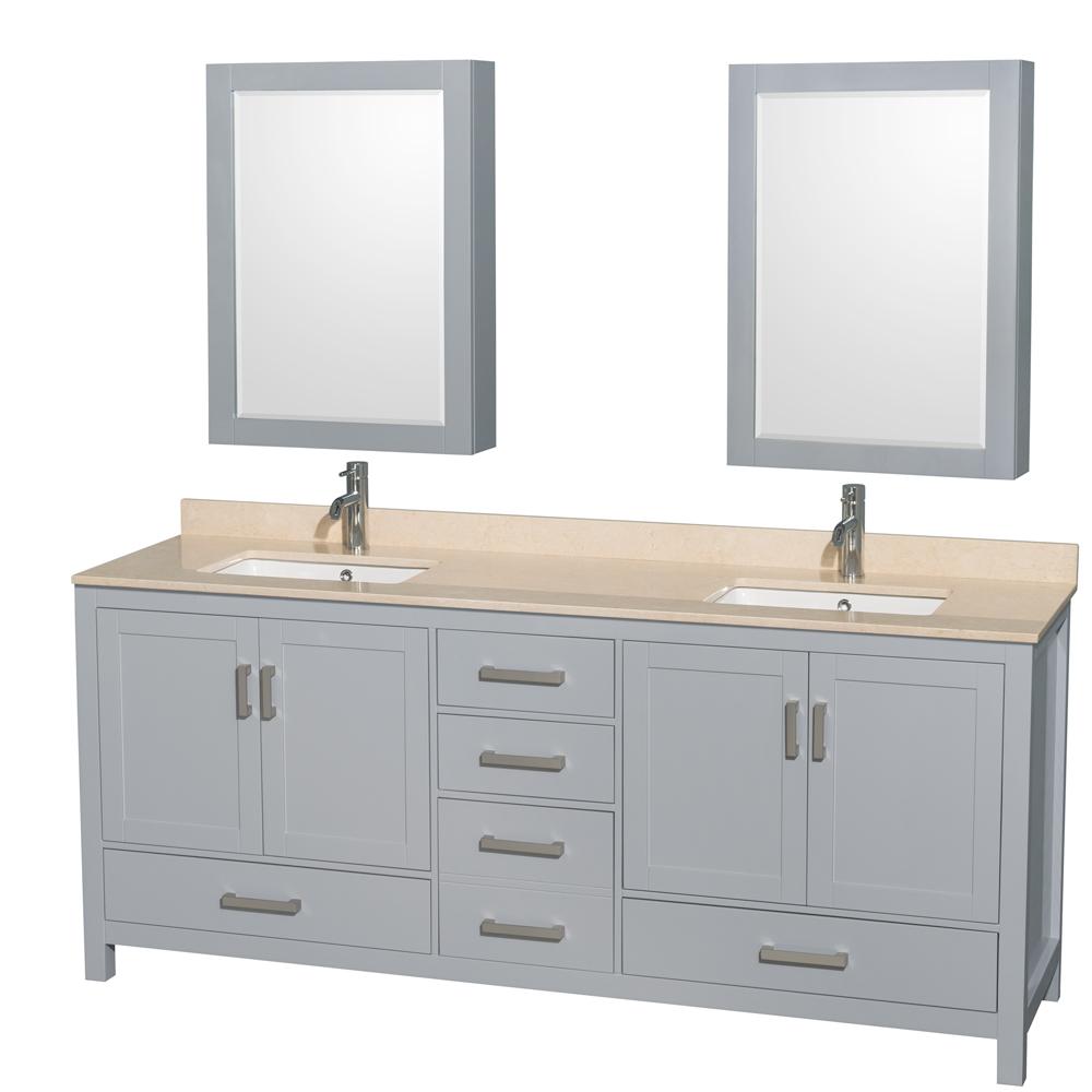 Wyndham Collection Vanity Wyndham Collection WCS141480DGYIVUNSMED Sheffield 80 Inch Double Bathroom Vanity in Gray, Ivory Marble Countertop, Undermount Square Sinks, and Medicine Cabinets