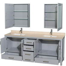 Load image into Gallery viewer, Wyndham Collection Vanity Wyndham Collection WCS141480DGYIVUNSMED Sheffield 80 Inch Double Bathroom Vanity in Gray, Ivory Marble Countertop, Undermount Square Sinks, and Medicine Cabinets