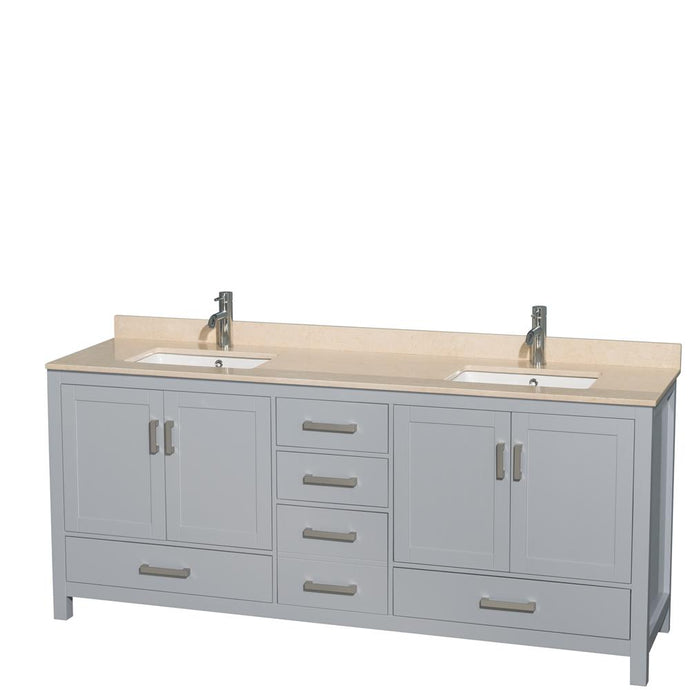 Wyndham Collection Vanity Wyndham Collection WCS141480DGYIVUNSMXX Sheffield 80 Inch Double Bathroom Vanity in Gray, Ivory Marble Countertop, Undermount Square Sinks, and No Mirror