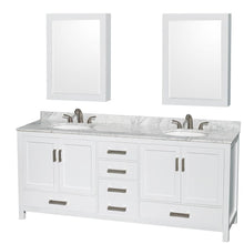 Load image into Gallery viewer, Wyndham Collection Vanity Wyndham Collection WCS141480DWHCMUNOMED Sheffield 80 Inch Double Bathroom Vanity in White, White Carrara Marble Countertop, Undermount Oval Sinks, and Medicine Cabinets