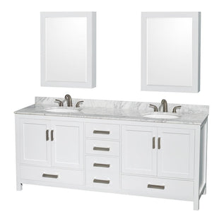 Wyndham Collection Vanity Wyndham Collection WCS141480DWHCMUNOMED Sheffield 80 Inch Double Bathroom Vanity in White, White Carrara Marble Countertop, Undermount Oval Sinks, and Medicine Cabinets
