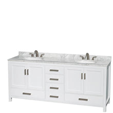 Load image into Gallery viewer, Wyndham Collection Vanity Wyndham Collection WCS141480DWHCMUNOMED Sheffield 80 Inch Double Bathroom Vanity in White, White Carrara Marble Countertop, Undermount Oval Sinks, and Medicine Cabinets