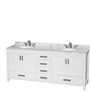 Wyndham Collection Vanity Wyndham Collection WCS141480DWHCMUNOMED Sheffield 80 Inch Double Bathroom Vanity in White, White Carrara Marble Countertop, Undermount Oval Sinks, and Medicine Cabinets