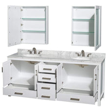 Load image into Gallery viewer, Wyndham Collection Vanity Wyndham Collection WCS141480DWHCMUNOMED Sheffield 80 Inch Double Bathroom Vanity in White, White Carrara Marble Countertop, Undermount Oval Sinks, and Medicine Cabinets