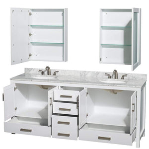 Wyndham Collection Vanity Wyndham Collection WCS141480DWHCMUNOMED Sheffield 80 Inch Double Bathroom Vanity in White, White Carrara Marble Countertop, Undermount Oval Sinks, and Medicine Cabinets