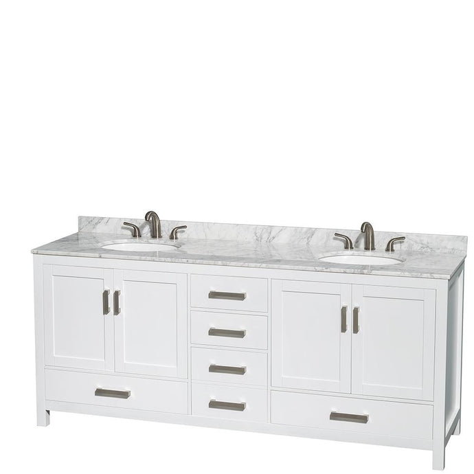 Wyndham Collection Vanity Wyndham Collection WCS141480DWHCMUNOMXX Sheffield 80 Inch Double Bathroom Vanity in White, White Carrara Marble Countertop, Undermount Oval Sinks, and No Mirror