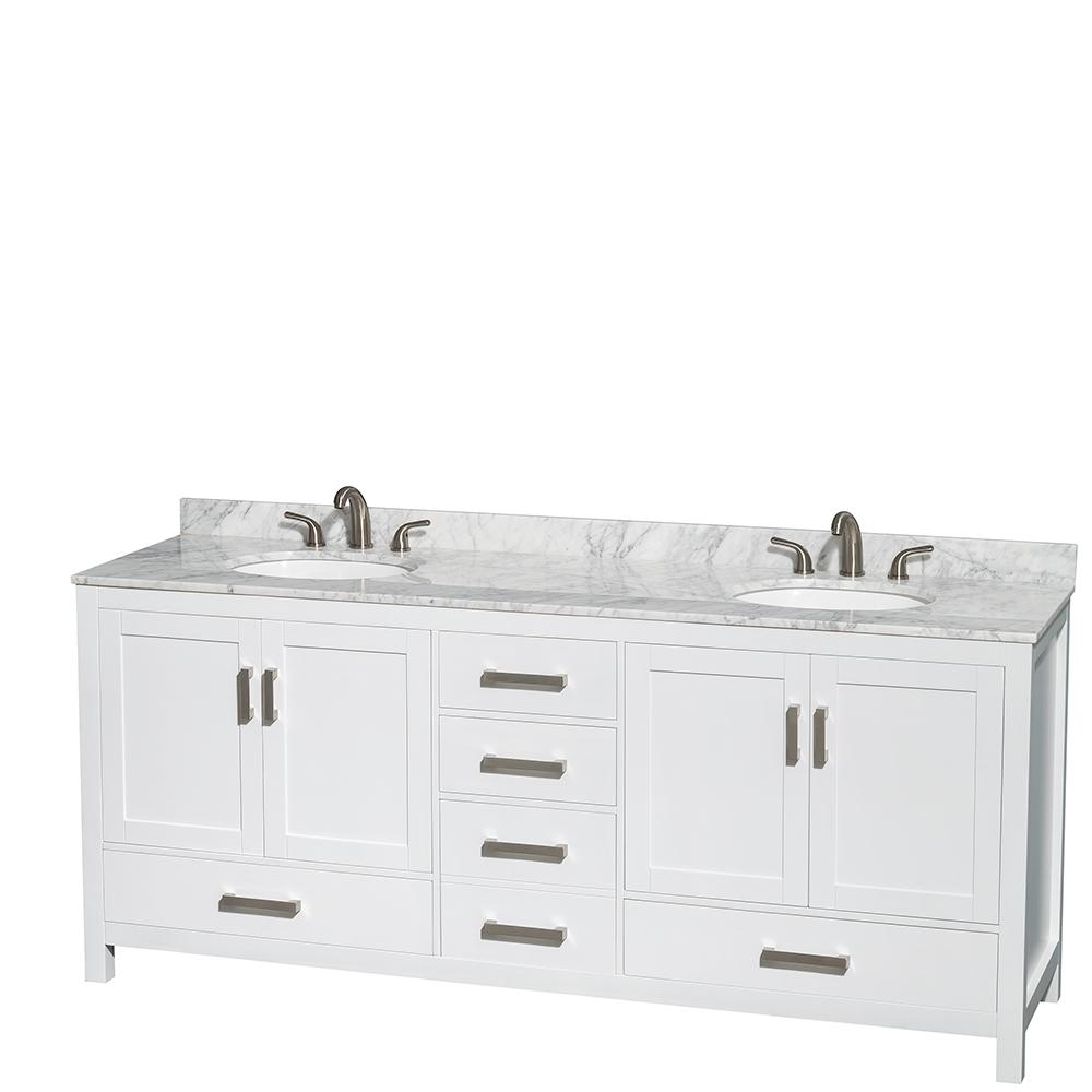 Wyndham Collection Vanity Wyndham Collection WCS141480DWHCMUNOMXX Sheffield 80 Inch Double Bathroom Vanity in White, White Carrara Marble Countertop, Undermount Oval Sinks, and No Mirror