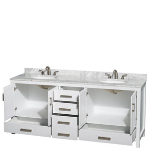 Wyndham Collection Vanity Wyndham Collection WCS141480DWHCMUNOMXX Sheffield 80 Inch Double Bathroom Vanity in White, White Carrara Marble Countertop, Undermount Oval Sinks, and No Mirror