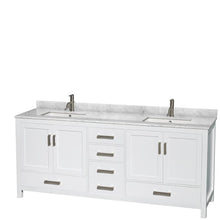 Load image into Gallery viewer, Wyndham Collection Vanity Wyndham Collection WCS141480DWHCMUNSM24 Sheffield 80 Inch Double Bathroom Vanity in White, White Carrara Marble Countertop, Undermount Square Sinks, and 24 Inch Mirrors