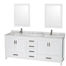 Load image into Gallery viewer, Wyndham Collection Vanity Wyndham Collection WCS141480DWHCMUNSM24 Sheffield 80 Inch Double Bathroom Vanity in White, White Carrara Marble Countertop, Undermount Square Sinks, and 24 Inch Mirrors
