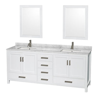 Wyndham Collection Vanity Wyndham Collection WCS141480DWHCMUNSM24 Sheffield 80 Inch Double Bathroom Vanity in White, White Carrara Marble Countertop, Undermount Square Sinks, and 24 Inch Mirrors