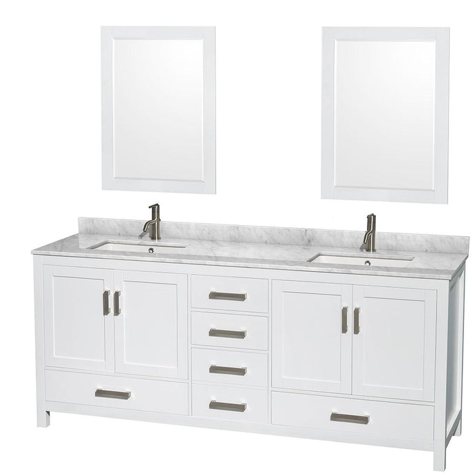 Wyndham Collection Vanity Wyndham Collection WCS141480DWHCMUNSM24 Sheffield 80 Inch Double Bathroom Vanity in White, White Carrara Marble Countertop, Undermount Square Sinks, and 24 Inch Mirrors