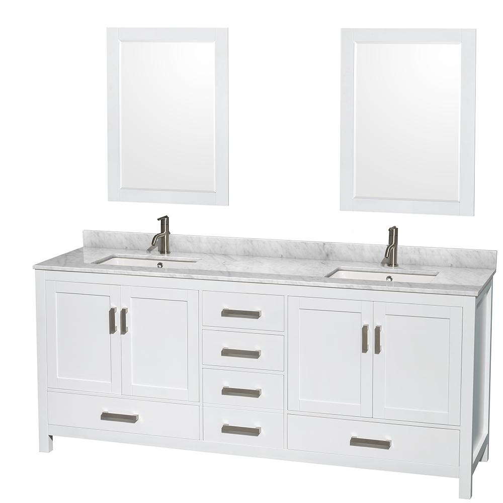 Wyndham Collection Vanity Wyndham Collection WCS141480DWHCMUNSM24 Sheffield 80 Inch Double Bathroom Vanity in White, White Carrara Marble Countertop, Undermount Square Sinks, and 24 Inch Mirrors