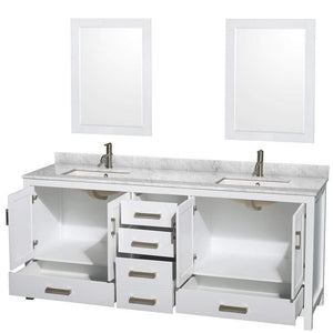 Wyndham Collection Vanity Wyndham Collection WCS141480DWHCMUNSM24 Sheffield 80 Inch Double Bathroom Vanity in White, White Carrara Marble Countertop, Undermount Square Sinks, and 24 Inch Mirrors