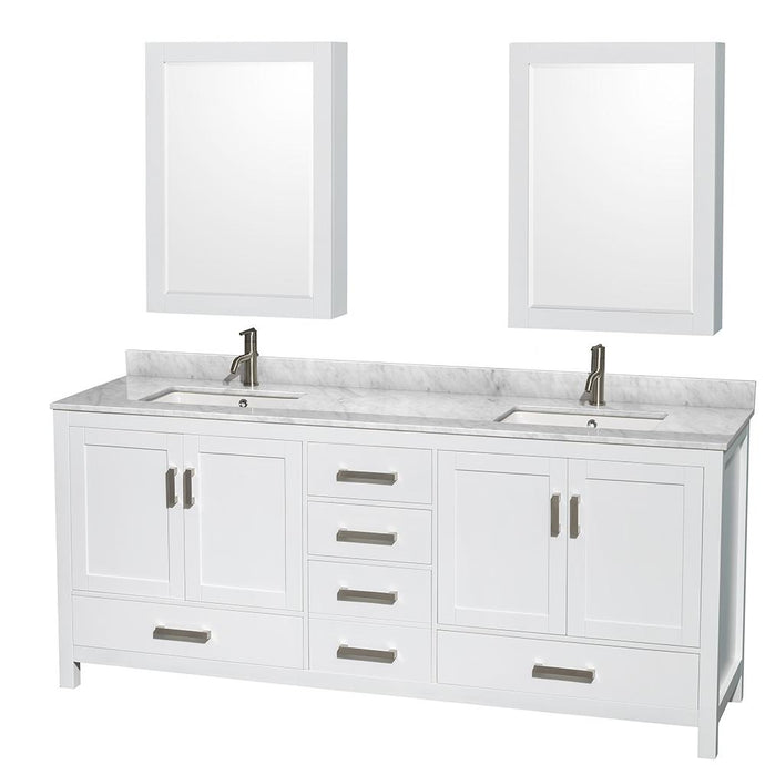 Wyndham Collection Vanity Wyndham Collection WCS141480DWHCMUNSMED Sheffield 80 Inch Double Bathroom Vanity in White, White Carrara Marble Countertop, Undermount Square Sinks, and Medicine Cabinets