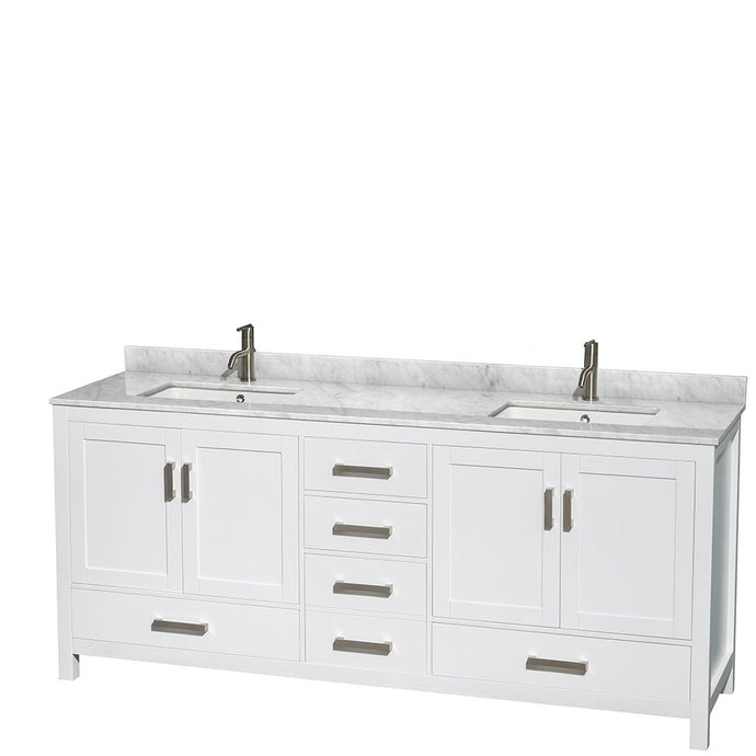 Wyndham Collection Vanity Wyndham Collection WCS141480DWHCMUNSMXX Sheffield 80 Inch Double Bathroom Vanity in White, White Carrara Marble Countertop, Undermount Square Sinks, and No Mirror