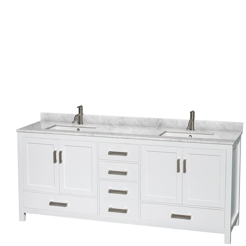 Wyndham Collection Vanity Wyndham Collection WCS141480DWHCMUNSMXX Sheffield 80 Inch Double Bathroom Vanity in White, White Carrara Marble Countertop, Undermount Square Sinks, and No Mirror