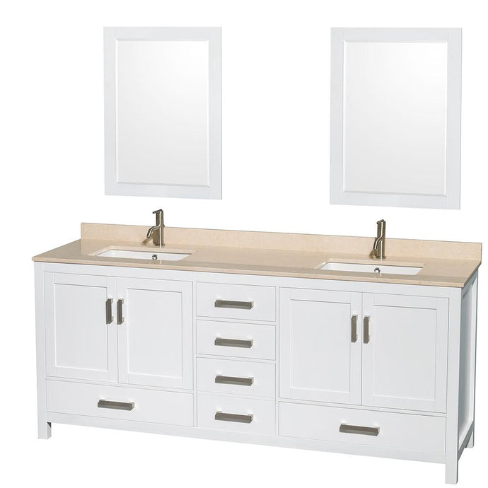 Wyndham Collection Vanity Wyndham Collection WCS141480DWHIVUNSM24 Sheffield 80 Inch Double Bathroom Vanity in White, Ivory Marble Countertop, Undermount Square Sinks, and 24 Inch Mirrors