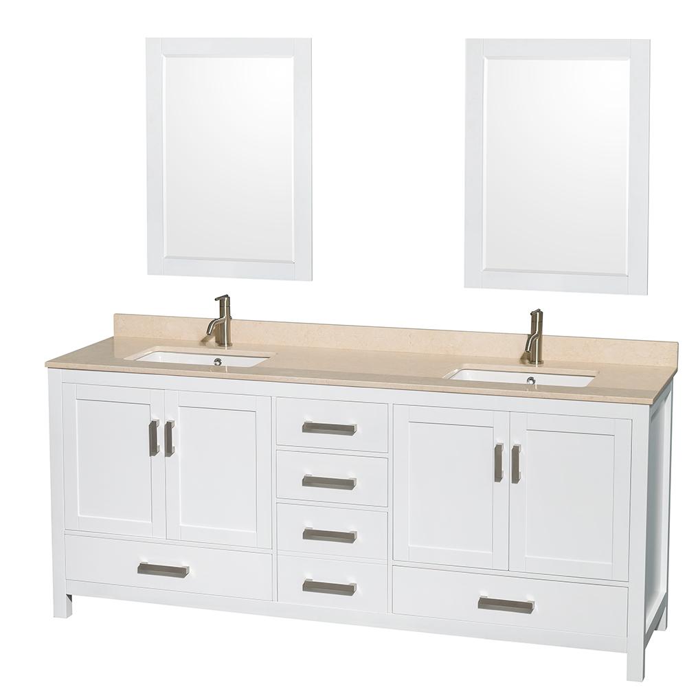Wyndham Collection Vanity Wyndham Collection WCS141480DWHIVUNSM24 Sheffield 80 Inch Double Bathroom Vanity in White, Ivory Marble Countertop, Undermount Square Sinks, and 24 Inch Mirrors