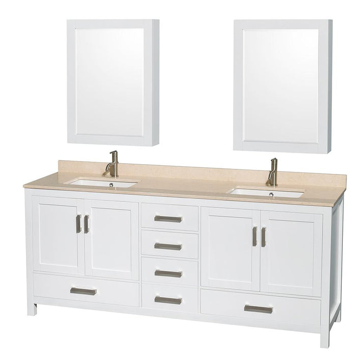Wyndham Collection Vanity Wyndham Collection WCS141480DWHIVUNSMED Sheffield 80 Inch Double Bathroom Vanity in White, Ivory Marble Countertop, Undermount Square Sinks, and Medicine Cabinets