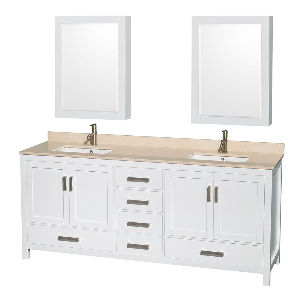 Wyndham Collection Vanity Wyndham Collection WCS141480DWHIVUNSMED Sheffield 80 Inch Double Bathroom Vanity in White, Ivory Marble Countertop, Undermount Square Sinks, and Medicine Cabinets