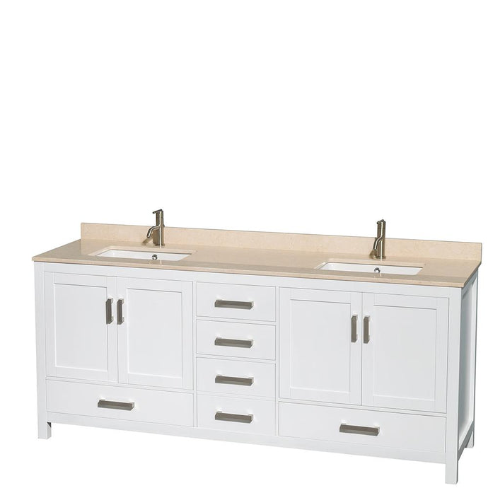 Wyndham Collection Vanity Wyndham Collection WCS141480DWHIVUNSMXX Sheffield 80 Inch Double Bathroom Vanity in White, Ivory Marble Countertop, Undermount Square Sinks, and No Mirror