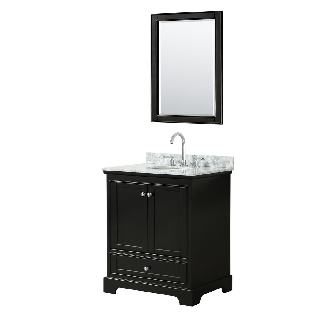 Wyndham Collection Vanity Wyndham Collection WCS202030SDECMUNOM24 Deborah 30 Inch Single Bathroom Vanity in Dark Espresso, White Carrara Marble Countertop, Undermount Oval Sink, and 24 Inch Mirror