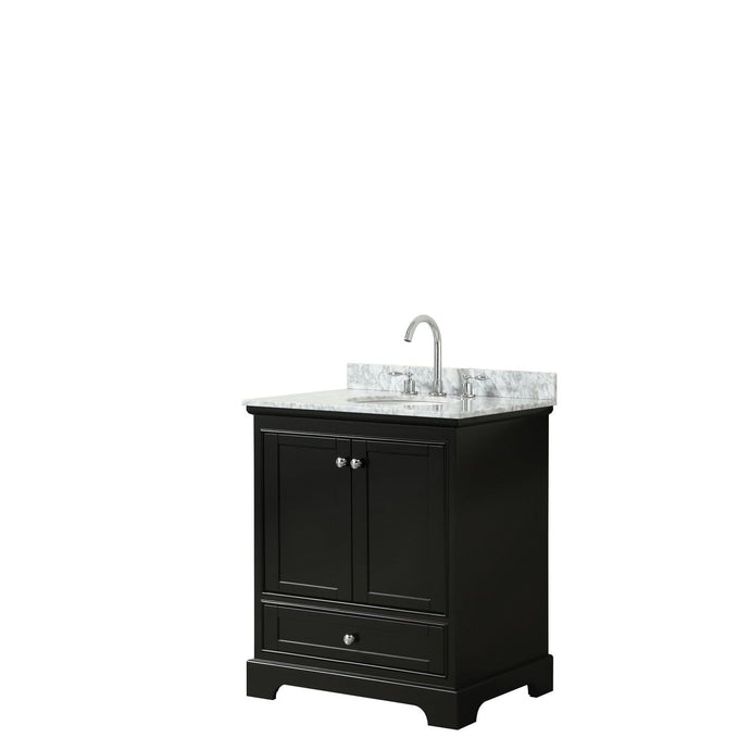 Wyndham Collection Vanity Wyndham Collection WCS202030SDECMUNOMXX Deborah 30 Inch Single Bathroom Vanity in Dark Espresso, White Carrara Marble Countertop, Undermount Oval Sink, and No Mirror