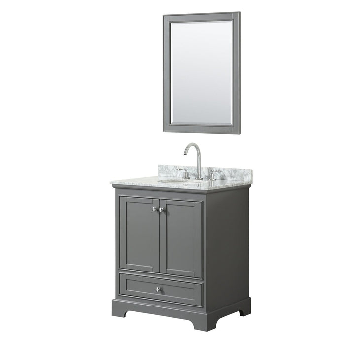 Wyndham Collection Vanity Wyndham Collection WCS202030SKGCMUNOM24 Deborah 30 Inch Single Bathroom Vanity in Dark Gray, White Carrara Marble Countertop, Undermount Oval Sink, and 24 Inch Mirror