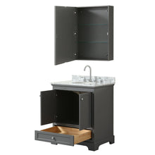 Load image into Gallery viewer, Wyndham Collection Vanity Wyndham Collection WCS202030SKGCMUNOMED Deborah 30 Inch Single Bathroom Vanity in Dark Gray, White Carrara Marble Countertop, Undermount Oval Sink, and Medicine Cabinet