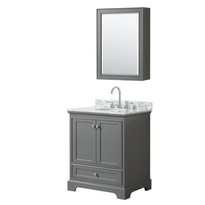 Wyndham Collection Vanity Wyndham Collection WCS202030SKGCMUNOMED Deborah 30 Inch Single Bathroom Vanity in Dark Gray, White Carrara Marble Countertop, Undermount Oval Sink, and Medicine Cabinet